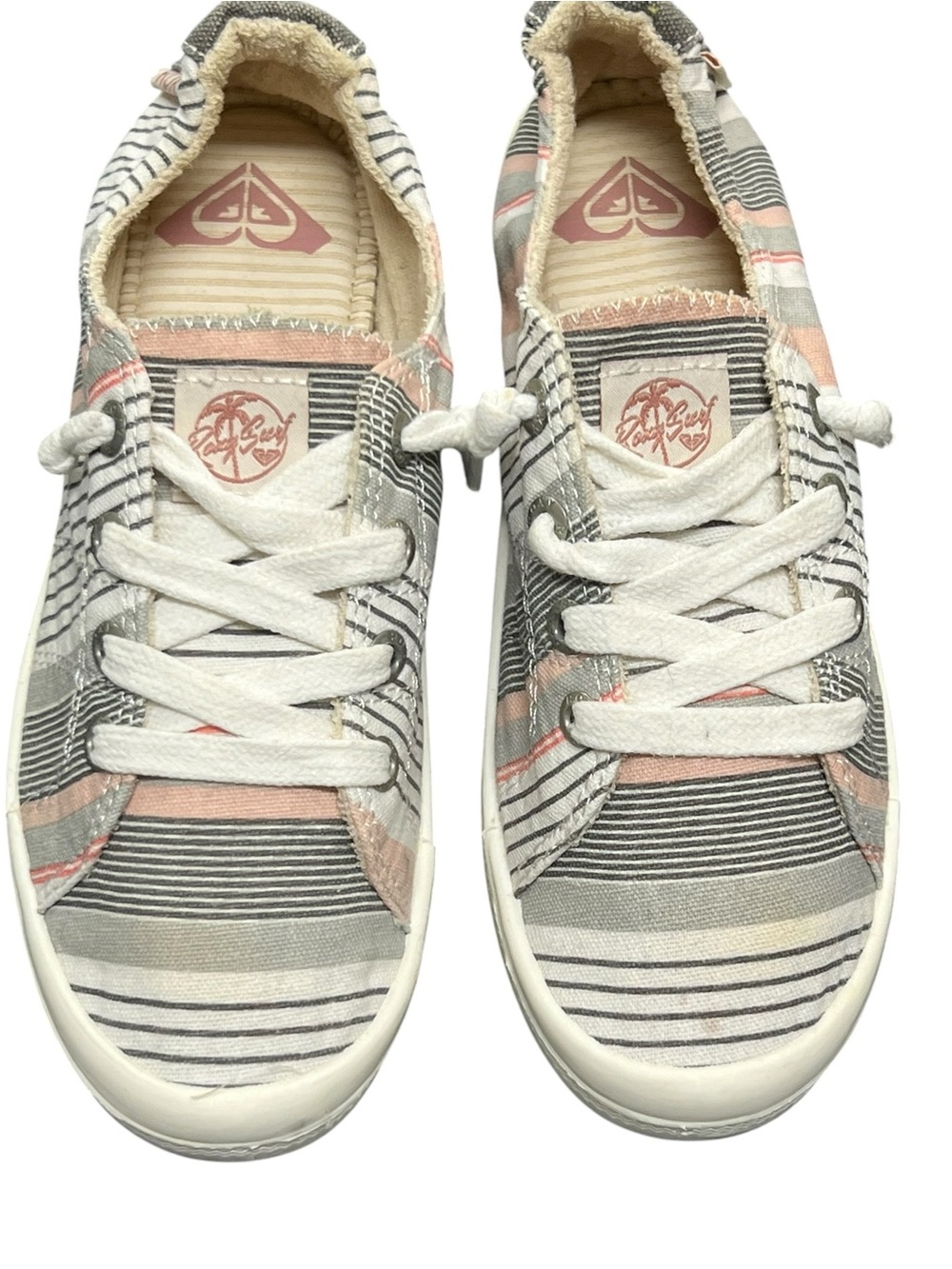 Roxy Bayshore Sneakers Size 6 Women’s Gray White Peach Striped Canvas Shoes
